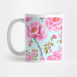 Pink roses on pale blue seamless chinoiserie pattern Mug